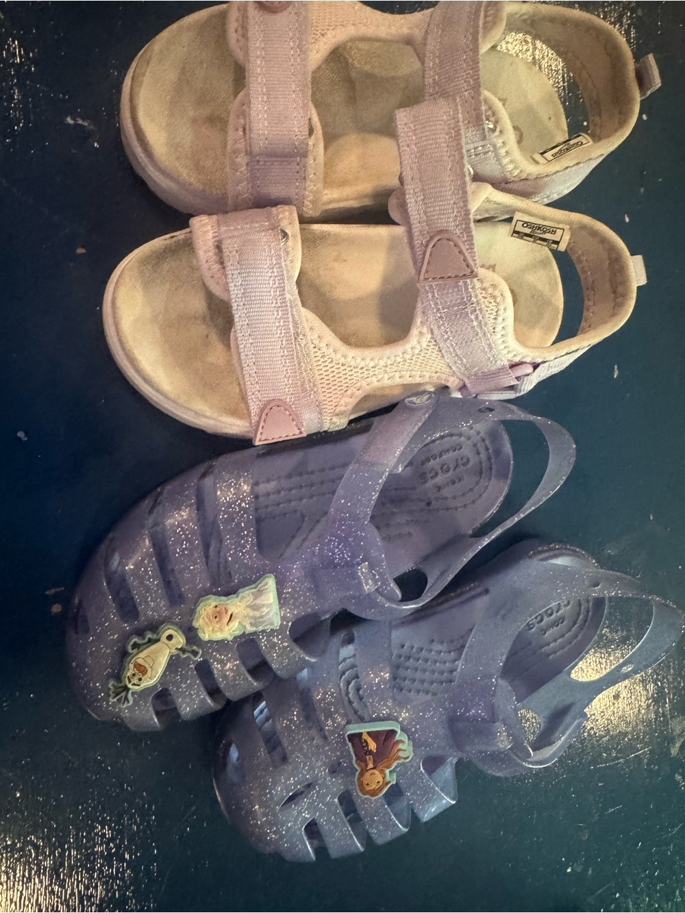 2 sandals one Girls Sparkle Purple Jelly Sandal with frozen charms on them